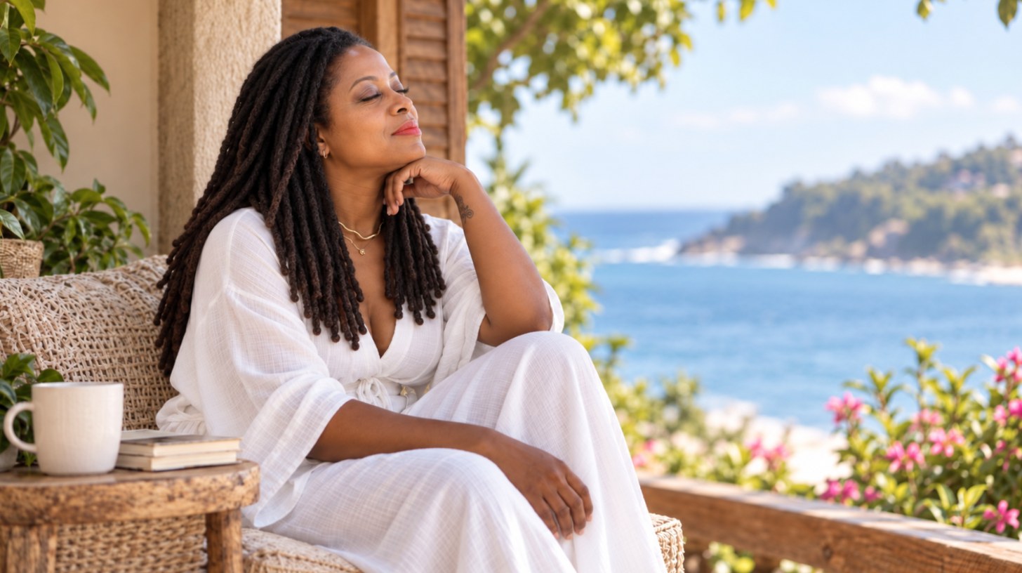 Terry, founder of The Healing Temple, resting in white on a porch overlooking the ocean