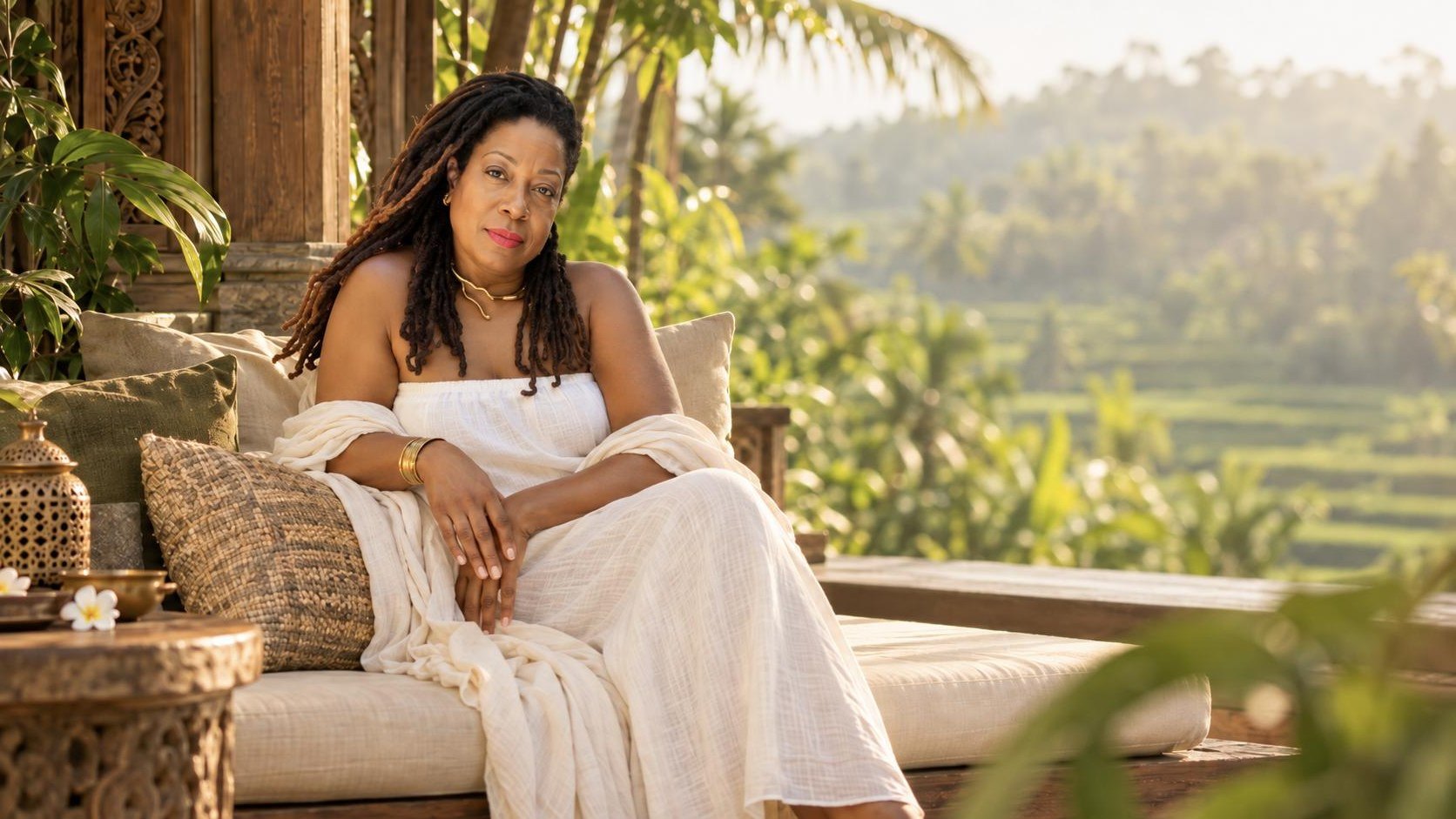Terry resting on a daybed on a shaded terrace overlooking green rice terraces